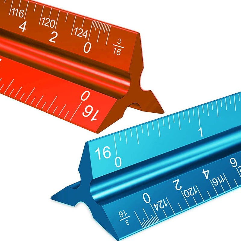 Rena Chris 2PCS Architectural Scale Ruler, 12"" Aluminum Architect Scale, Triangular Scale, Scale Ruler, Triangle Ruler, Drafting Ruler, Architect Ruler, Metal Scale Ruler, Architecture Ruler(Red+Blue) - Image 1